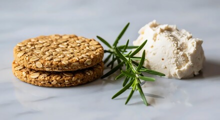 Organic oat crackers with almond cheese close-up for healthy vegan snack and mindful eating inspiration