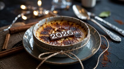 Obraz na płótnie Canvas Elegant chai spiced crème brûlée with 2026 chocolate plaque for new year