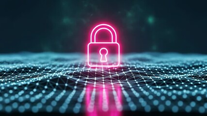 Dynamic glowing padlock protecting network data streams with secure connection in cyberspace, ensuring privacy and safety online. 4k Video