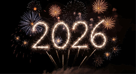 Fireworks display showing the year two thousand twenty six in bright sparkling lights on a black background