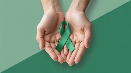 Hands holding a green awareness ribbon symbolizing mental health, organ donation, or environmental sustainability efforts and support