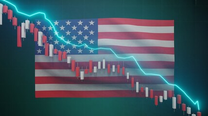 US flag background overlaid with a falling stock market graph and red candlesticks, symbolizing an American economic recession and crisis