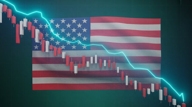 US flag background overlaid with a falling stock market graph and red candlesticks, symbolizing an American economic recession and crisis