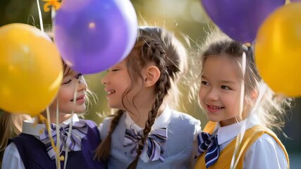 Three young girls are posing for a picture with balloons. They are wearing school uniforms and are smiling. The balloons are in various sizes and colors, with some being yellow and others purple - Powered by Adobe