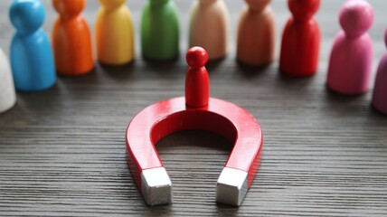 Red magnet attracting a wooden peg doll in front of a diverse group, symbolizing business customer acquisition and talent recruitment