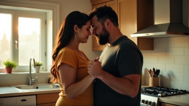 A loving couple embracing in a cozy kitchen setting