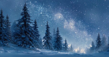 Fototapeta premium Winter Night in a Snowy Forest With Vibrant Stars Illuminating the Landscape