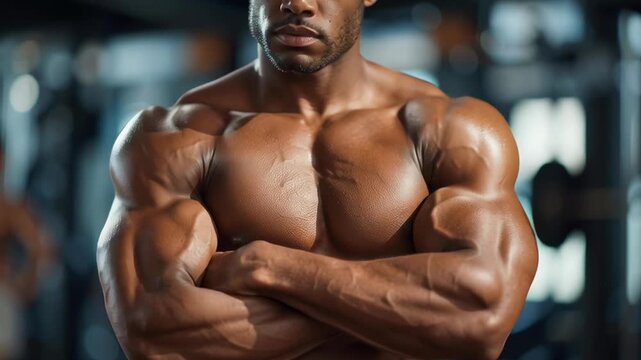 A man with a muscular chest and arms is posing for a picture. Concept of strength and confidence, as the man's physique is well-defined and his pose is assertive
