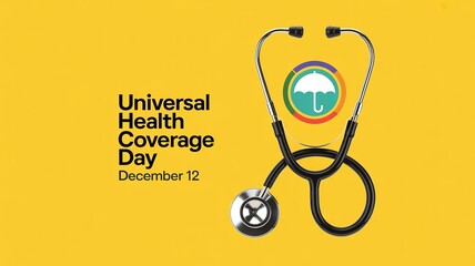 Universal Health Coverage Day, December 12, with a stethoscope on a yellow background; symbolizing medical access and policy