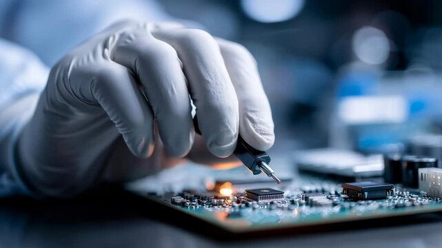 A person is working on a circuit board with a soldering iron. Concept of precision and focus, as the person carefully handles the delicate electronic components. Scene is serious and focused
