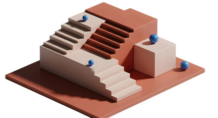 Fototapeta premium Modern isometric stairs to success with blue spheres, a visual metaphor for progress and achievement in business and life, minimalist design