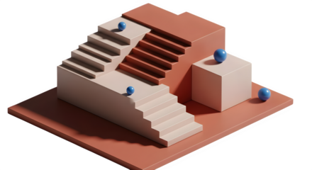 Modern isometric stairs to success with blue spheres, a visual metaphor for progress and achievement in business and life, minimalist design