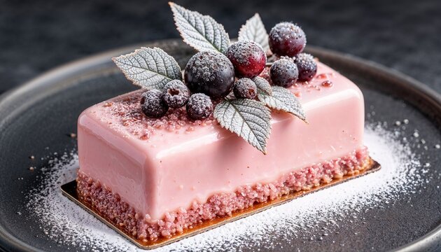 Pink mousse dessert in modern pastry style, soft pastel colors, elegant gourmet presentation