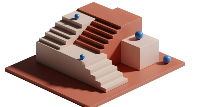 Modern isometric stairs to success with blue spheres, a visual metaphor for progress and achievement in business and life, minimalist design