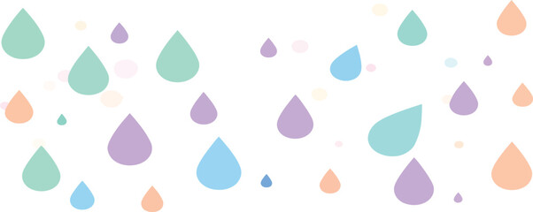 A whimsical and cheerful pattern of colorful abstract raindrop shapes in pastel shades of blue green purple and orange scattered across a clean white background evoking a gentle and playful mood