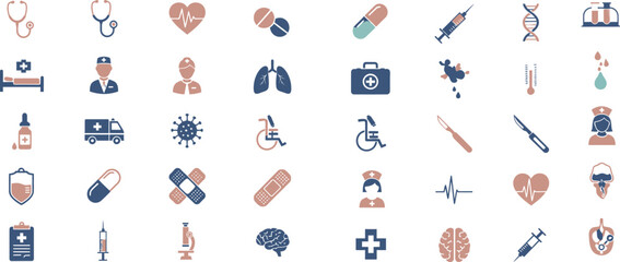 A vibrant and diverse collection of hand drawn medical and healthcare icons representing various aspects of health and wellness presented in a grid format for easy visual reference
