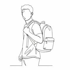 Line Art Young Man with Backpack Student Minimalist Style Illustration