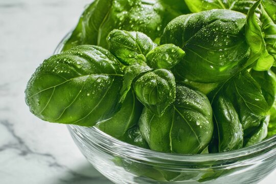 Hojas de albahaca verde fresca con gotas de agua en un taz&oacute;n de vidrio transparente sobre mesa de m&aacute;rmol blanco con espacio de copia.