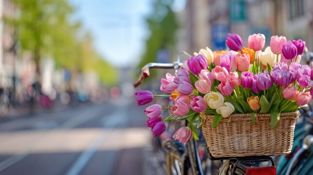 Colorful Tulips in a Bicycle Basket on a Sunny Street in Amsterdam During Spring