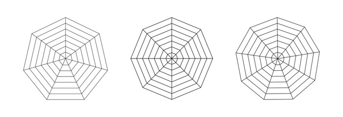 Radar, spider diagram template. Polygon graphs. Spider mesh. Diagrams for statistic, analytic. Coaching tool sample. Blank radar charts black icons. Heptagon, octagon, enneagon. Grids with segments.