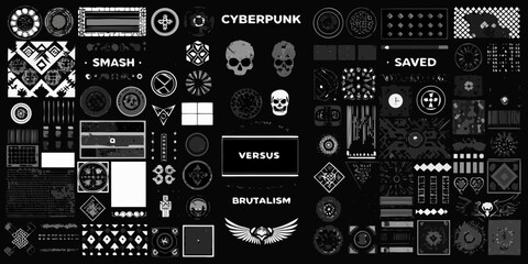 Fototapeta premium Monochrome cyberpunk brutalism versus design elements and graphics collection