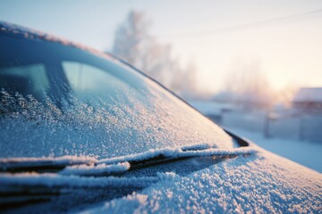 Close-up of Snow-Covered Car Windshield in Cold Morning Light