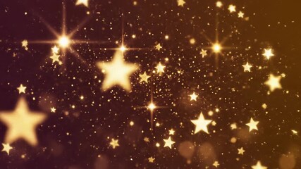 Golden stars and glitter particles explode in a festive animation. A magical background with sparkling lights and bokeh effects. Celebration and awards concept - Powered by Adobe