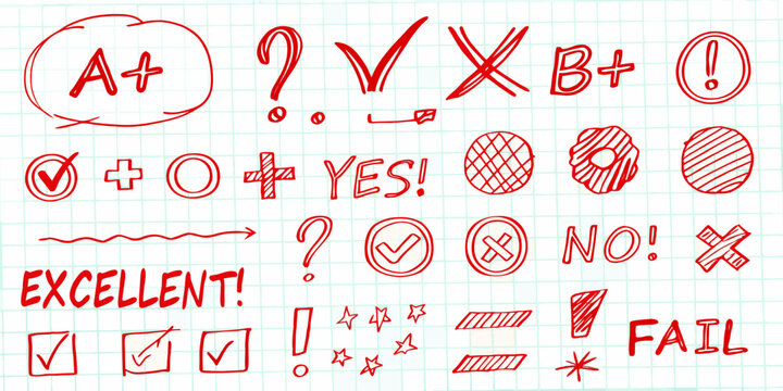 Hand drawn red grading symbols on graph paper background