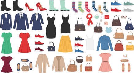 Fashion item collection, dresses, shoes, coats, skirts, tops, accessories, handbags, suits, seasonal clothing, flat vector illustration, wardrobe design