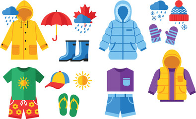 Rainy, snowy, sunny weather clothing and accessories for kids, seasonal outfit icons, flat vector illustration, educational fashion concept