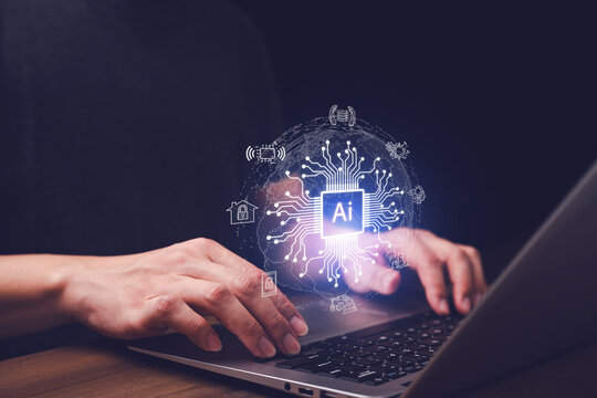 Close up of hands typing on laptop with glowing AI chip hologram and connected icons floating above, symbolizing machine learning, data processing, cybersecurity, automation and digital innovation.