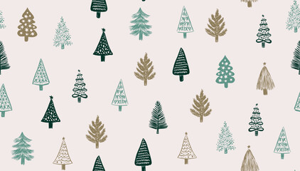 Christmas white tree pattern, hand drawn illustration on white	
