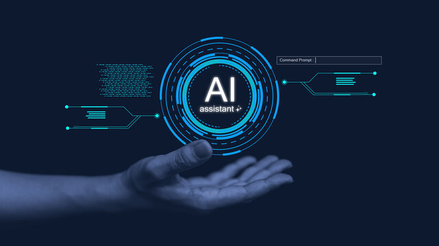 Digital AI assistant interface hovering above an open hand, featuring glowing blue circuits and futuristic HUD elements that highlight innovation, virtual support, and modern intelligent technology.