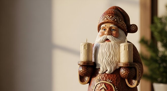 Wooden Santa figurine holding candles with warm winter sunlight  with space for text