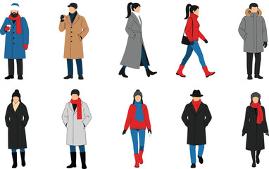 Winter fashion people, coats, jackets, scarves, hats, gloves, boots, cold weather outfit, diverse styles, flat vector illustration, walking poses