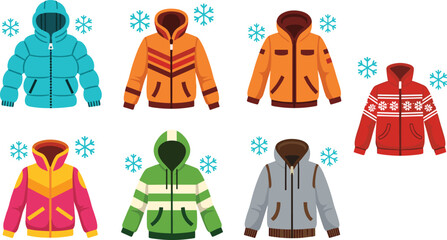 Winter jacket collection, colorful coat designs, seasonal outerwear set, snowflake detail, fashion cold weather gear, flat vector illustration, hooded styles