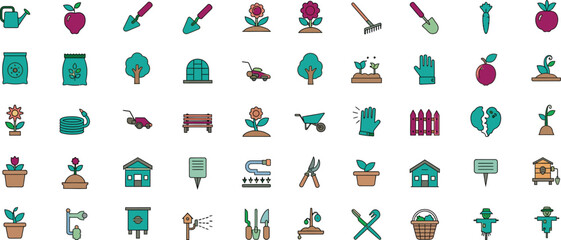 A vibrant collection of illustrated garden tools and plants featuring watering cans shovels rakes potted flowers carrots and small trees presented in a playful flat design style