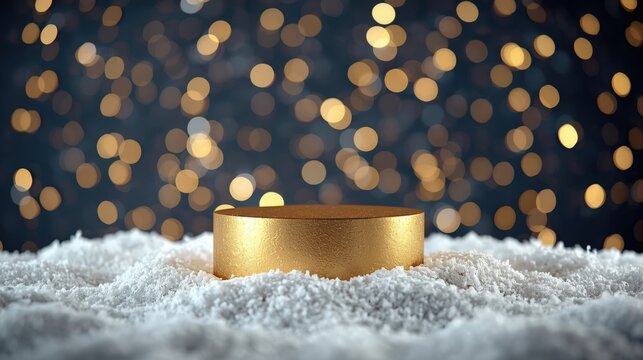 A gold, cylindrical product display podium resting on a bed of white snow, set against a dark background with festive golden bokeh lights. Perfect for luxury winter sales.