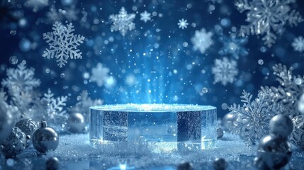 A gold, cylindrical product display podium resting on a bed of white snow, set against a dark background with festive golden bokeh lights. Perfect for luxury winter sales.