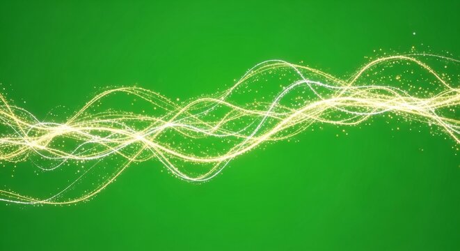 Glowing particle effect with wavy light trails on green screen. Abstract motion graphic for visual projects. Chromakey background. - Powered by Adobe