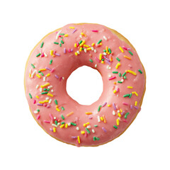 Pink Frosted Donut With Sprinkles. Sweet Treat And Dessert Concept. Isolated On Transparent Background