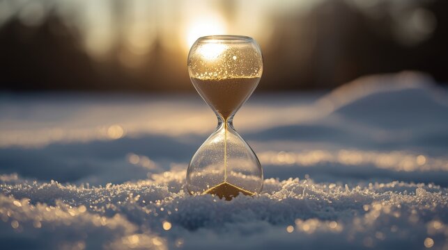 Hourglass counting down time in winter snow against a warm sunset. Concept of passing time, year end and new beginnings.