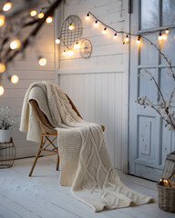 “Soft Scandinavian winter cozy background, white wood, knit blanket, fairy lights, warm bokeh, peaceful mood”
