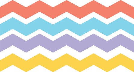 A vibrant and playful abstract background design featuring horizontal rows of colorful zigzag patterns in coral light blue lavender and yellow against a clean white backdrop