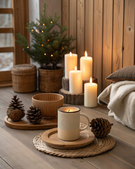 “Nordic minimalist interior background with warm wood, candles, ceramic cup, soft-focus atmosphere, calm cozy mood”