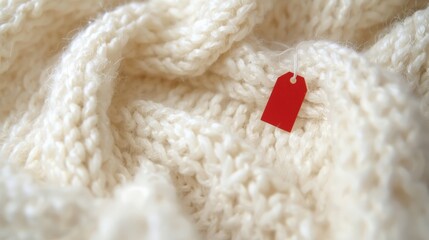 Macro close-up of soft, creamy white knitted wool texture with a small blank red tag attached. Cozy winter sale or craft background.