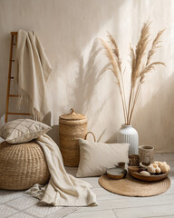 “Scandinavian cozy background, neutral beige tones, soft natural light, linen textures, minimal hygge decor, gentle shadows, clean aesthetic”