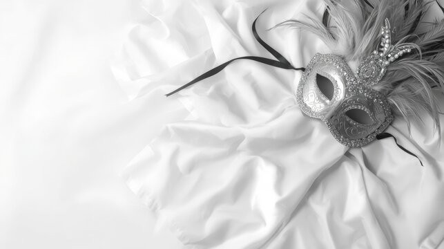 Elegant silver masquerade mask with feathers and ornate detail resting on soft white silk or satin fabric. Luxury event and party background.