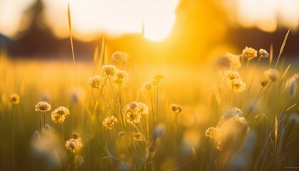 Abstract soft focus sunset field landscape of yellow flowers and grass meadow warm golden hour sunset sunrise time. Tranquil spring summer nature closeup and blurred forest background.