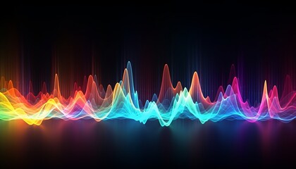 Abstract sound wave visual background. Dynamic motion soundwaves neon lines. High frequencies visualization with rainbow colors. Music energy spectrum pattern. Audio creativity concept.